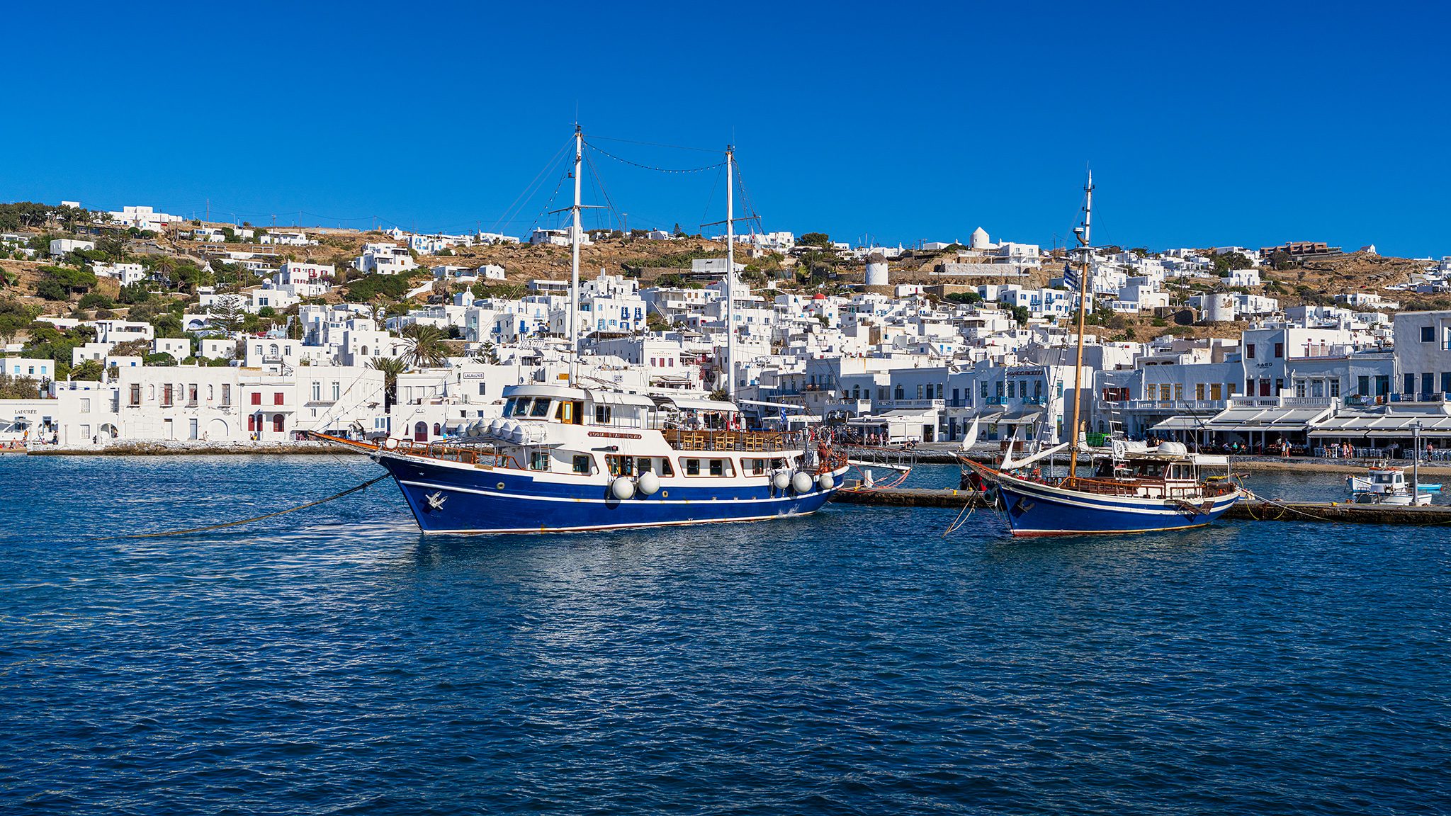 A blue and white boat crossing a calm harbor in front of a long waterfront of white buildings, masts of moored sailboats along the quay.